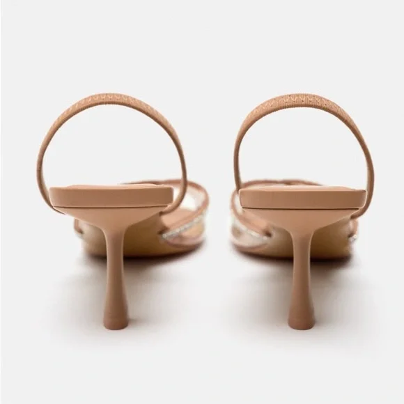 Zara Beige Rhinestone Heeled Vinyl Sandals - Picture 3 of 6
